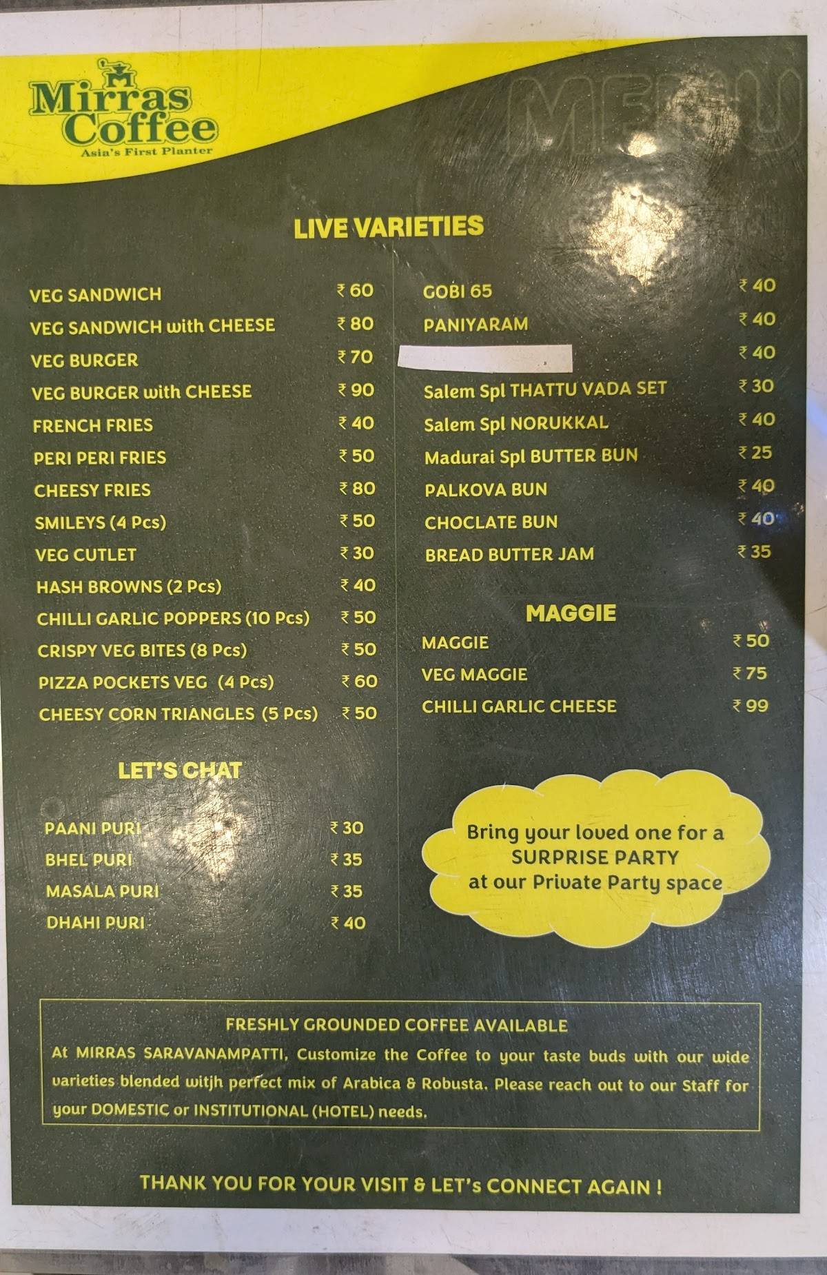 Mirras Coffee Saravanampatti menu
