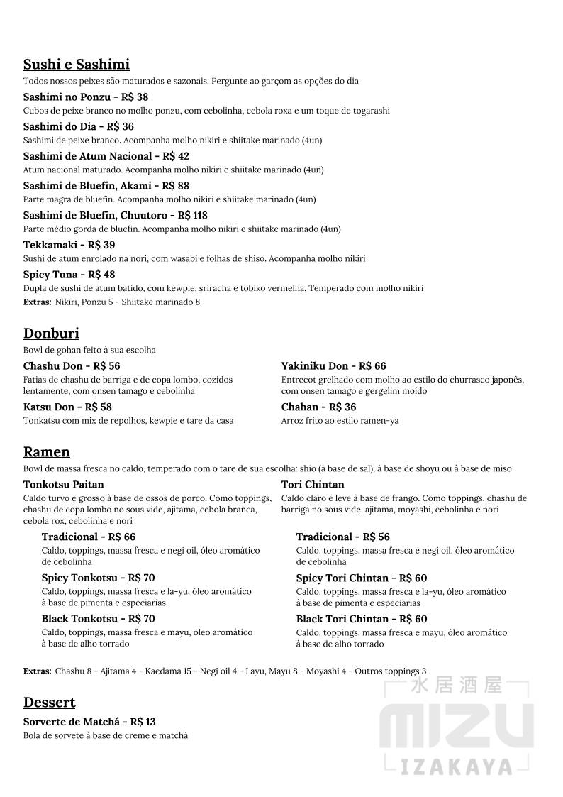 Mizu Izakaya cardápio