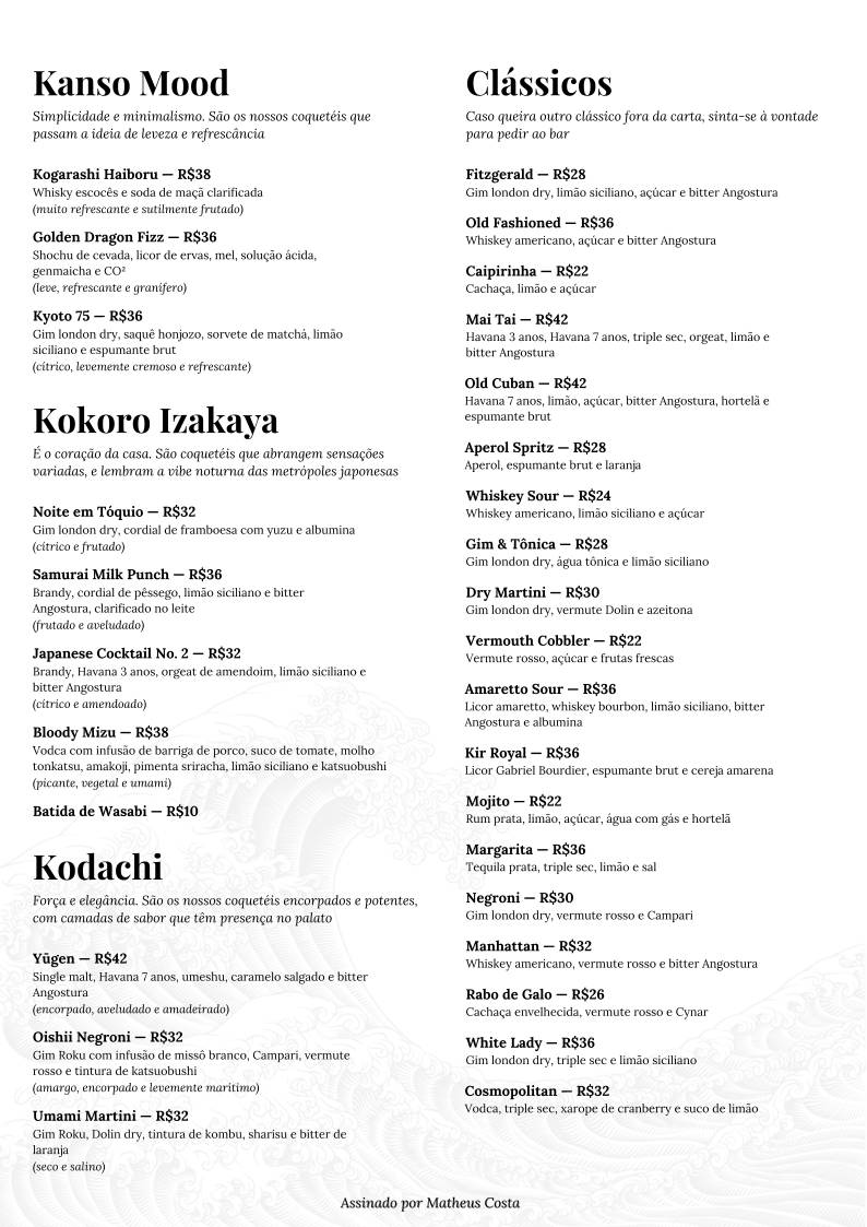 Mizu Izakaya cardápio
