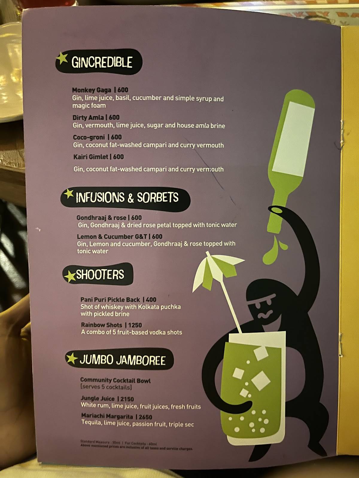 Monkey Bar menu