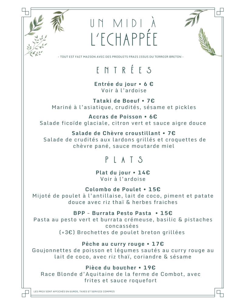 Menu de L'Echappée