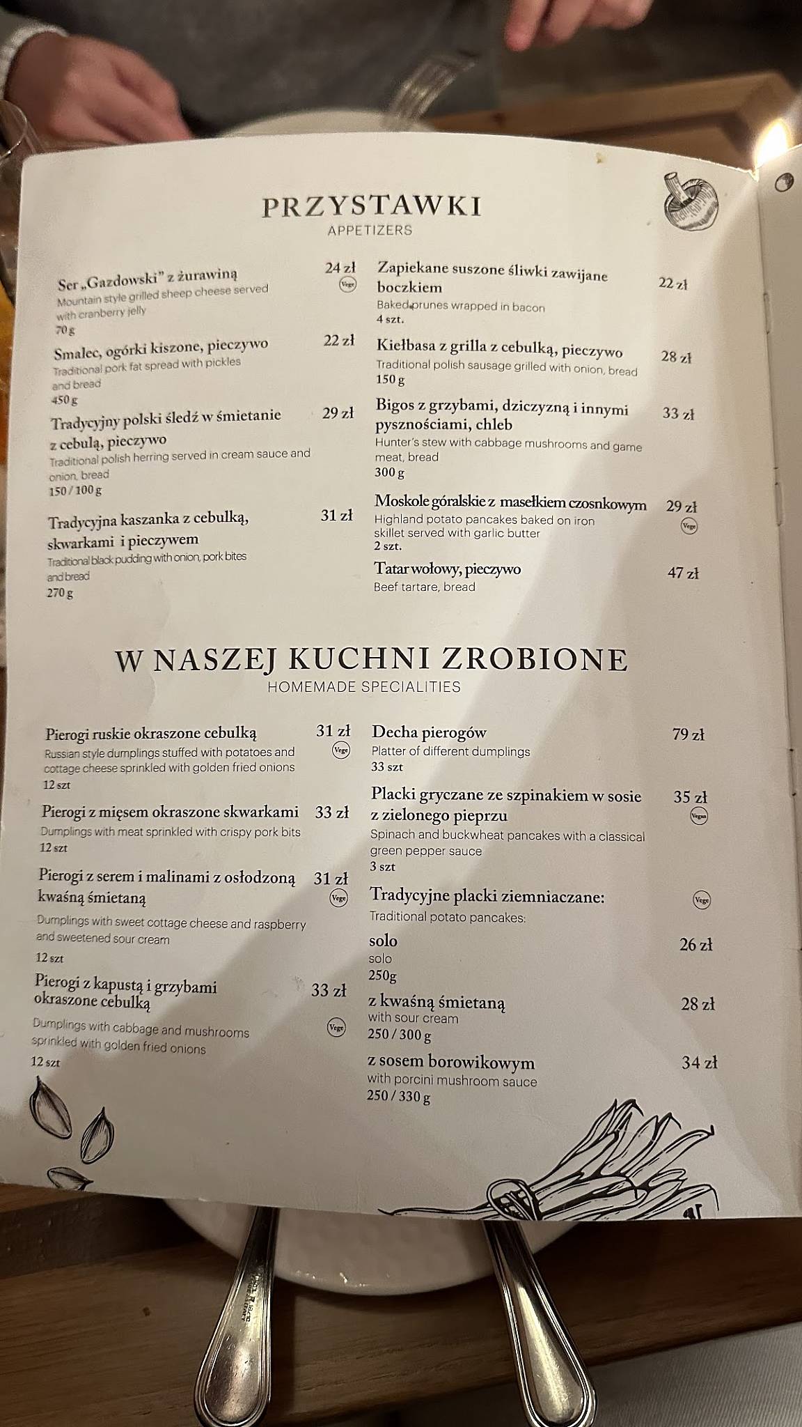Menu at Morskie Oko restaurant, Kraków