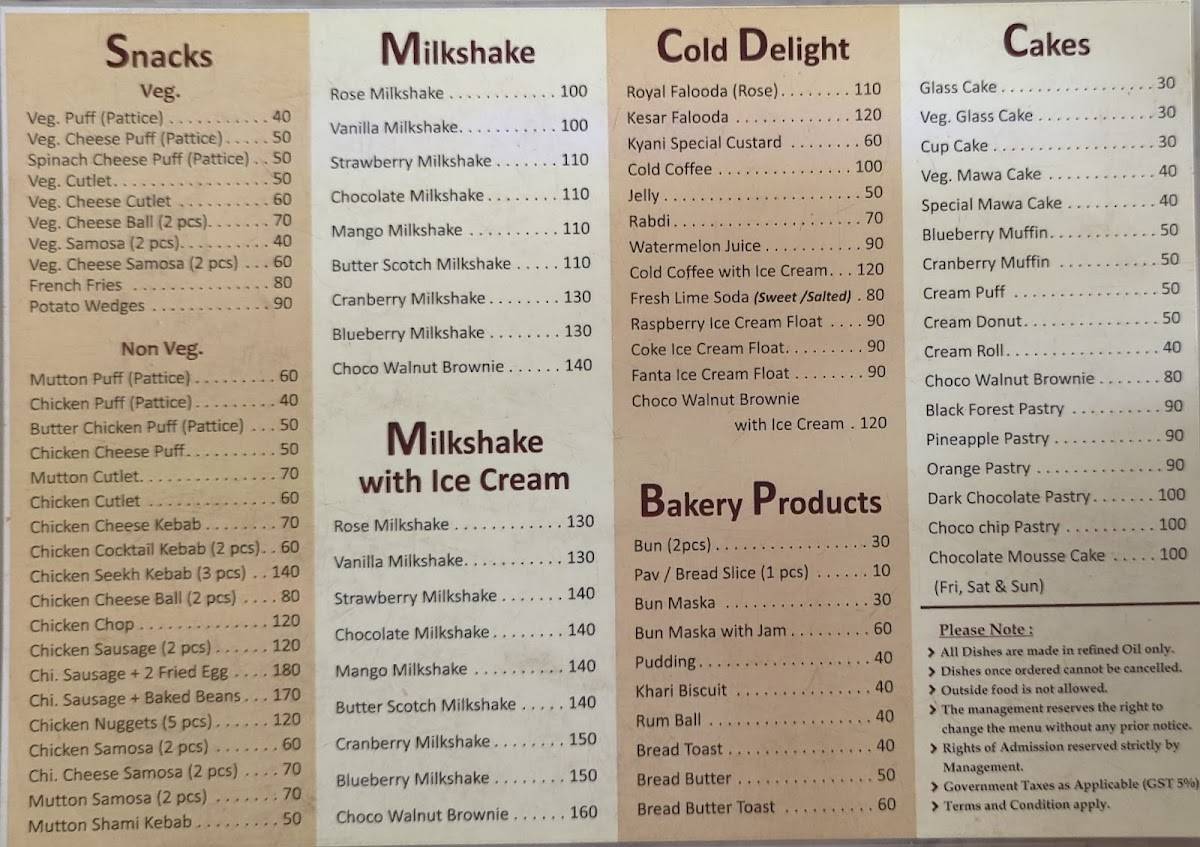 Kyani & Co. Legendary Irani Restaurant, Bakers menu