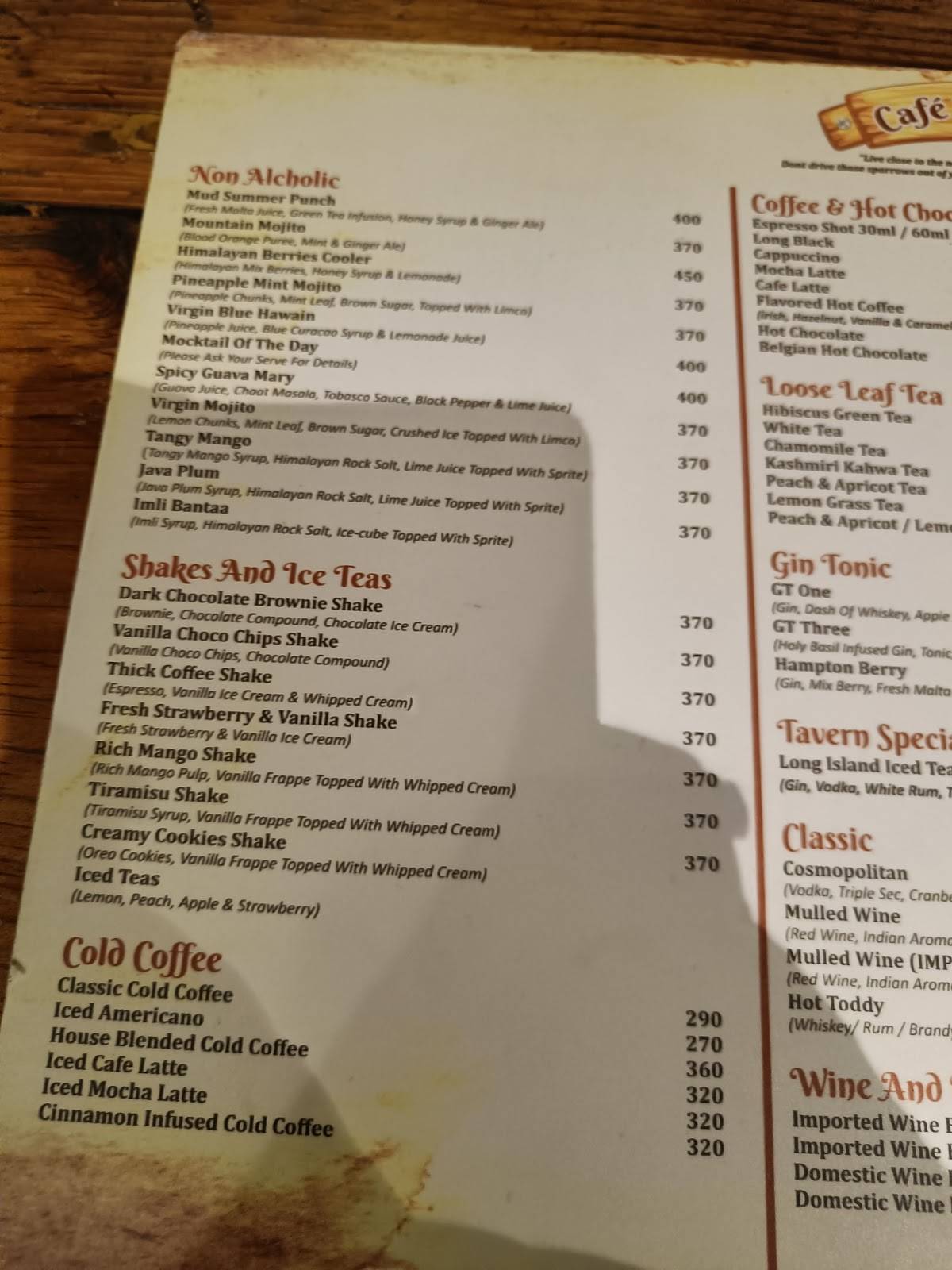 Cafe De Tavern menu