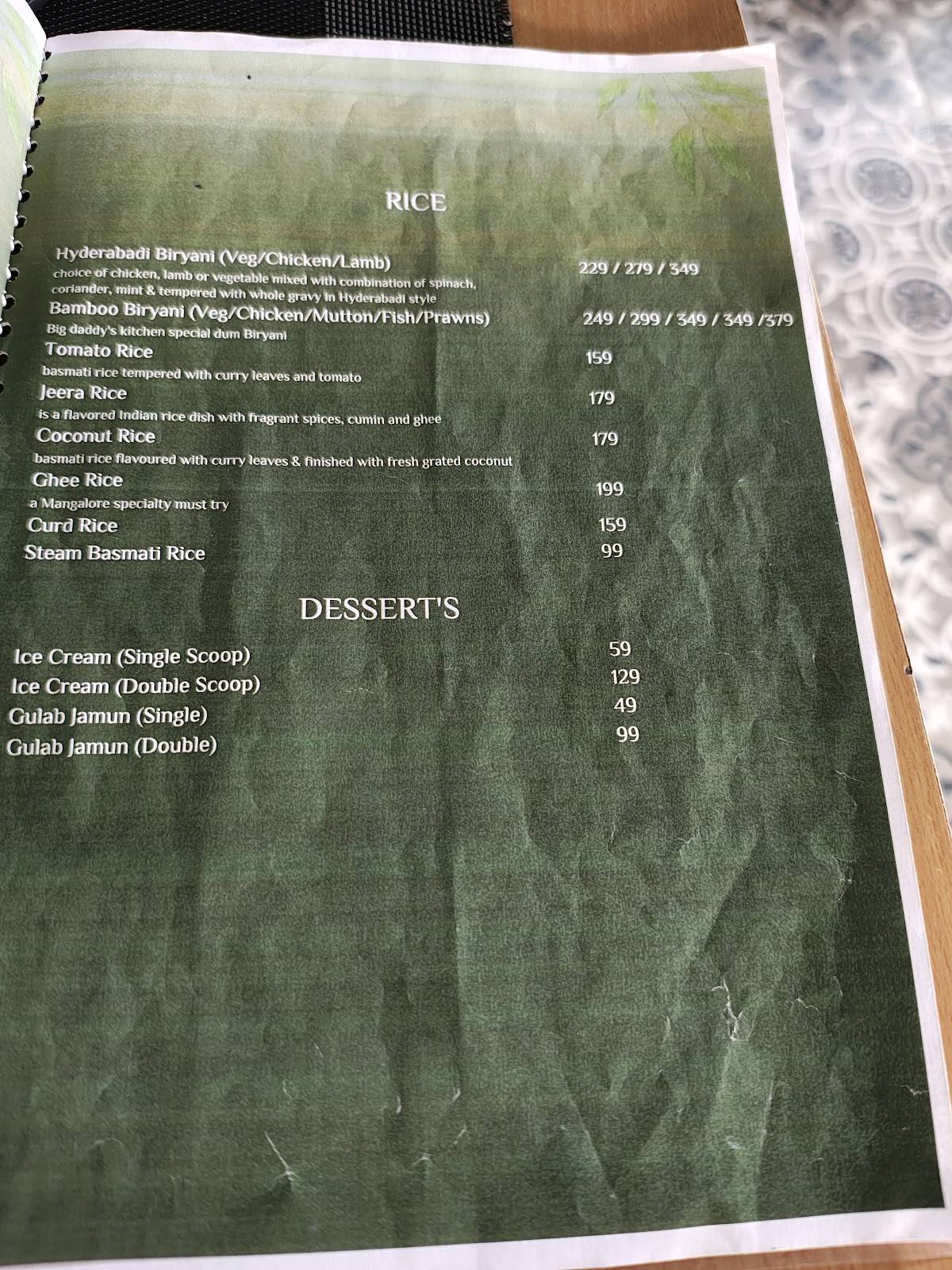 My Big Daddy's Kitchen, Mysore menu