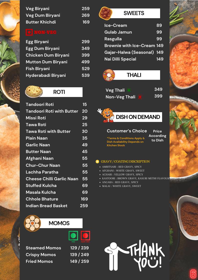 Nai Dilli Desi Tandoor Restaurant and Bar menu