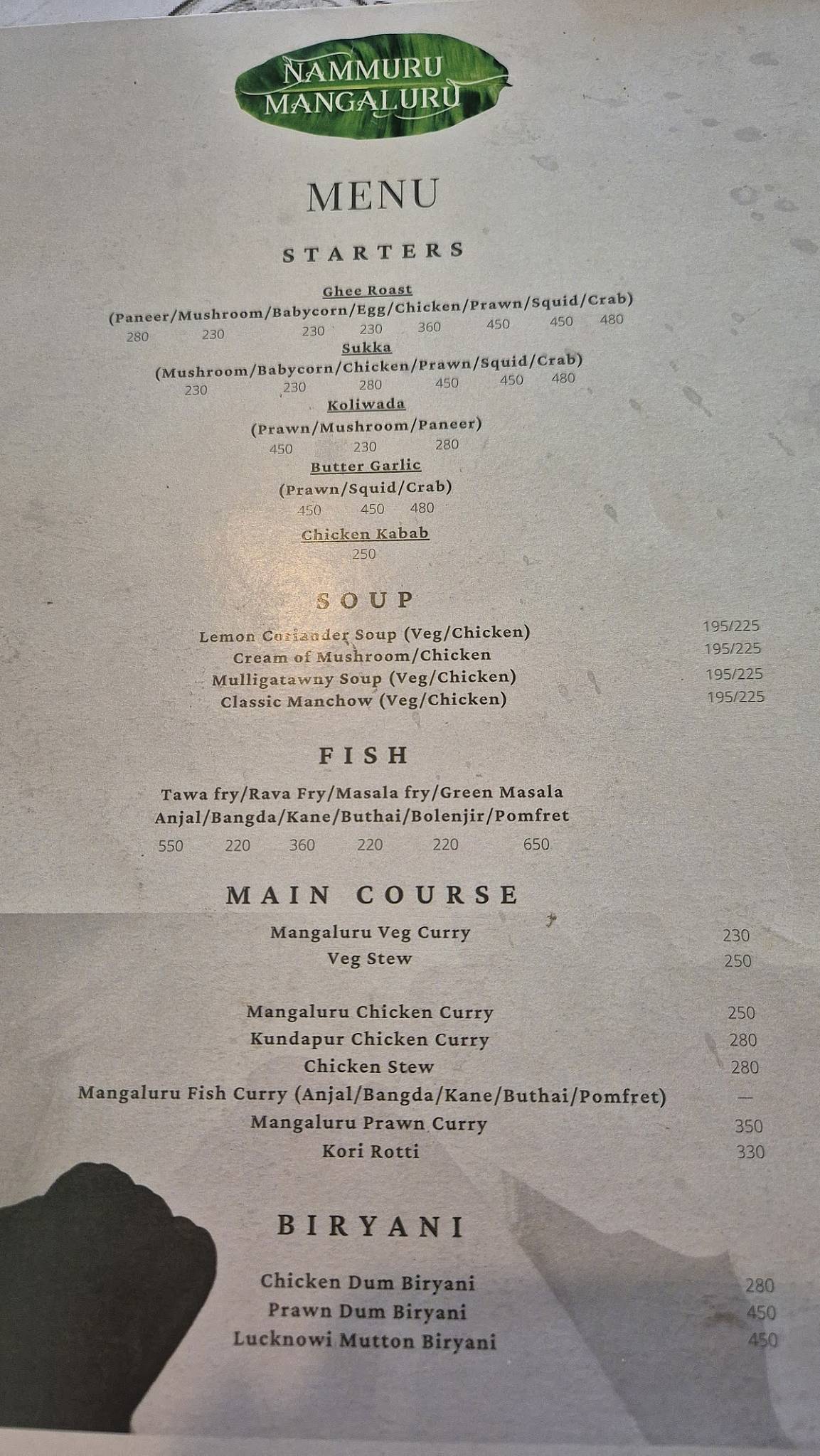 Nammuru Mangaluru menu