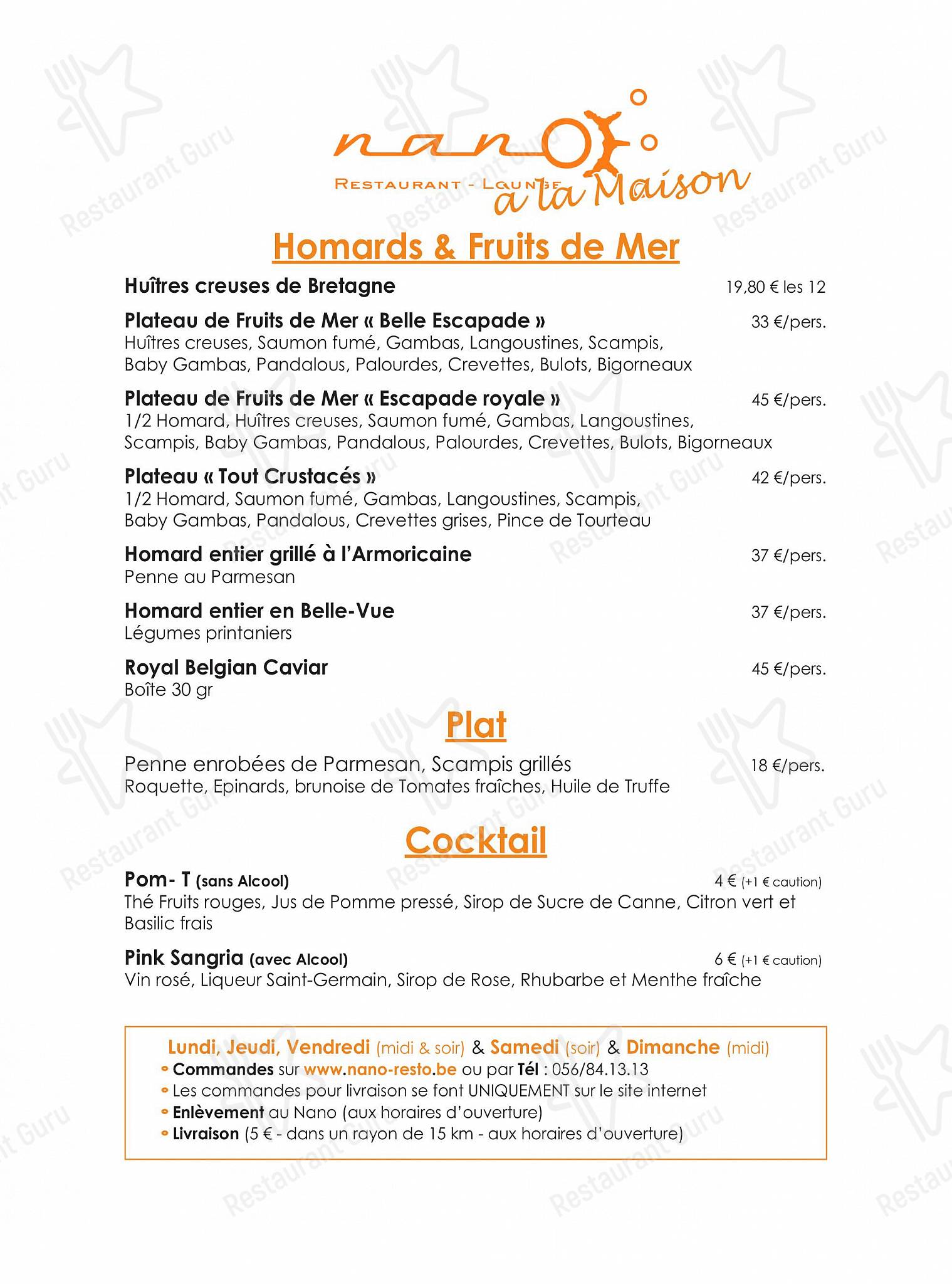 Menu pour Nano - At Home Catering Menu