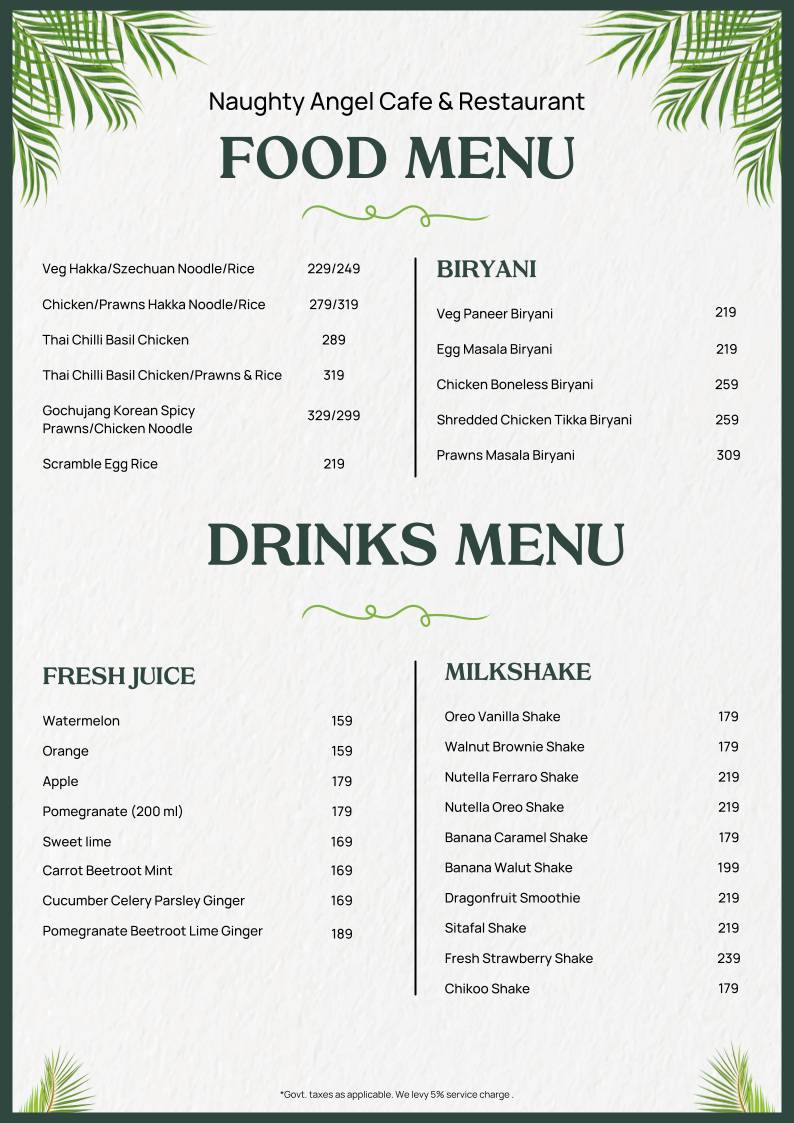 Naughty Angel Cafe menu