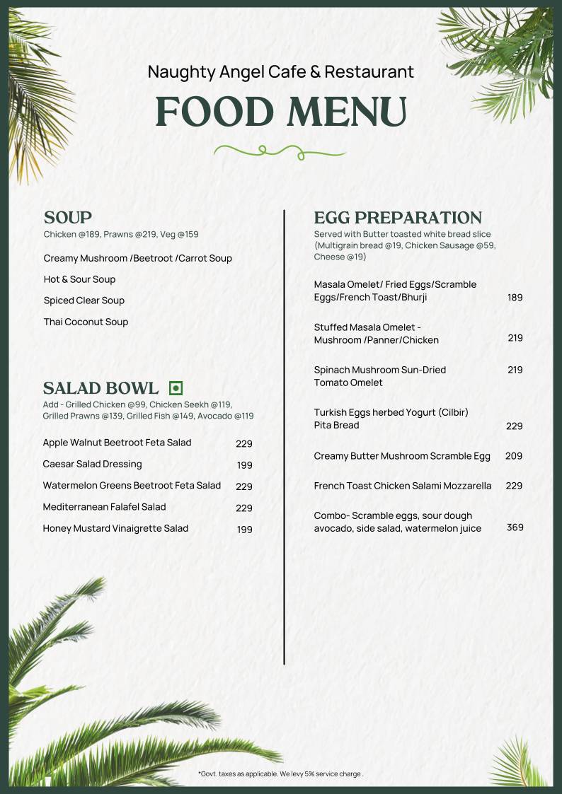 Naughty Angel Cafe menu