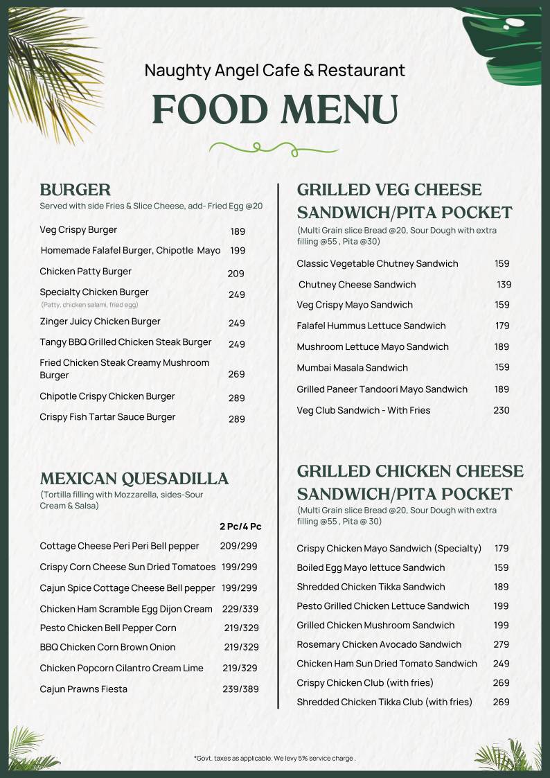 Naughty Angel Cafe menu