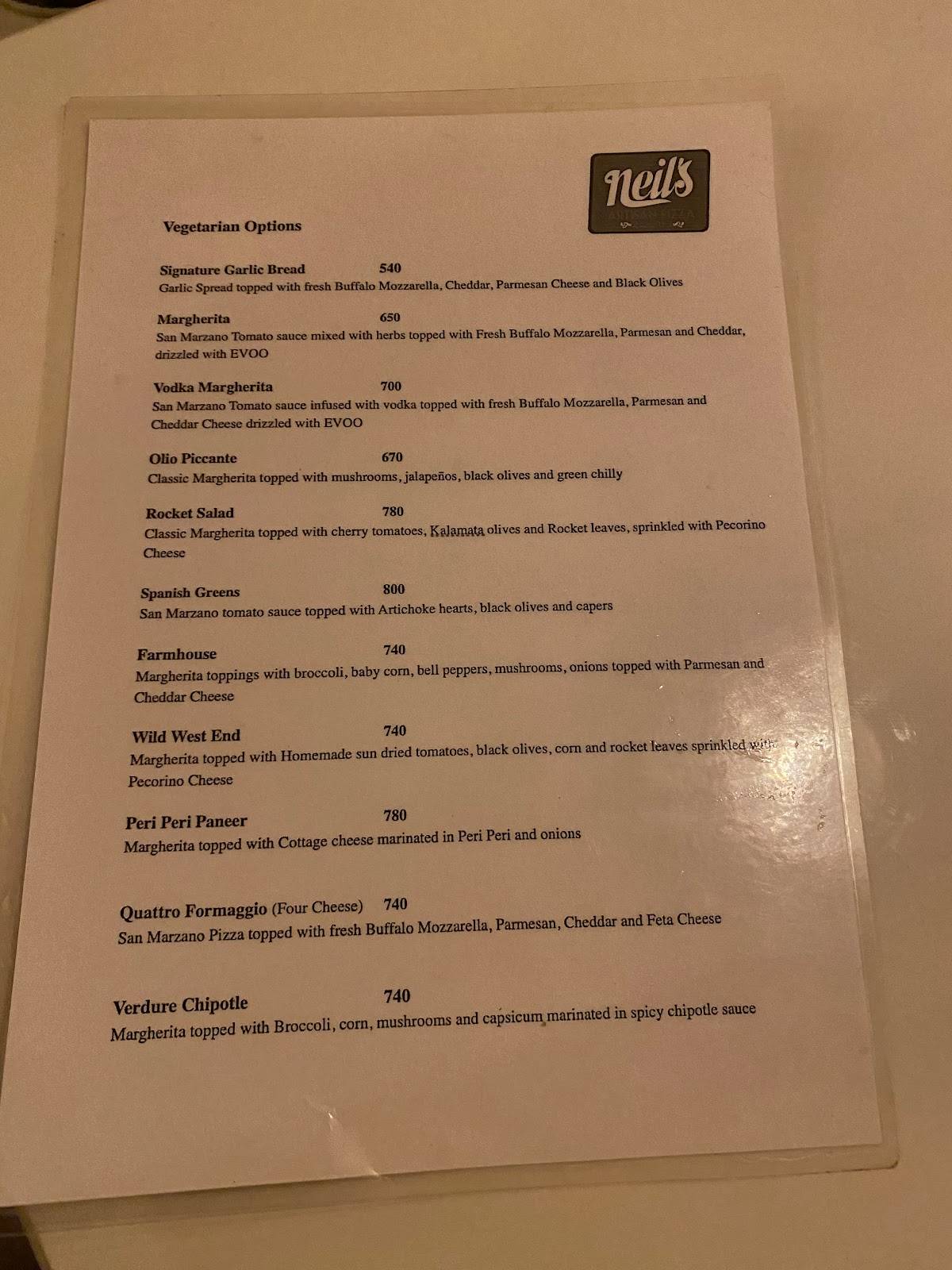 Neil's Artisan Pizza menu