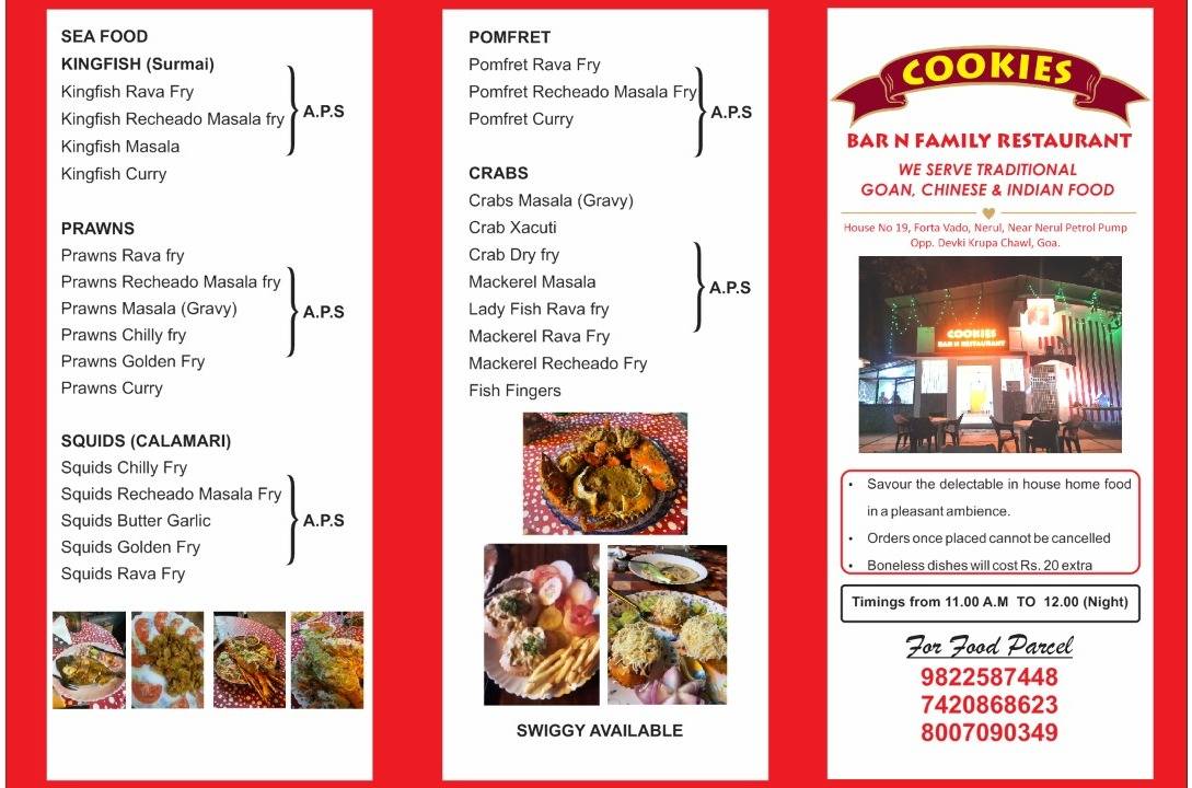 Cookies Bar N Restaurant menu