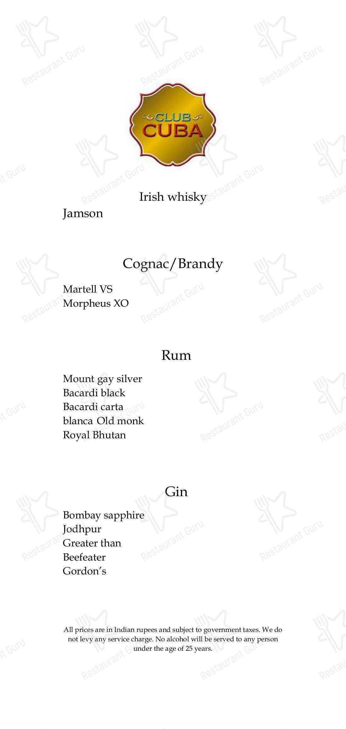 Menu for Club Cuba in New Delhi