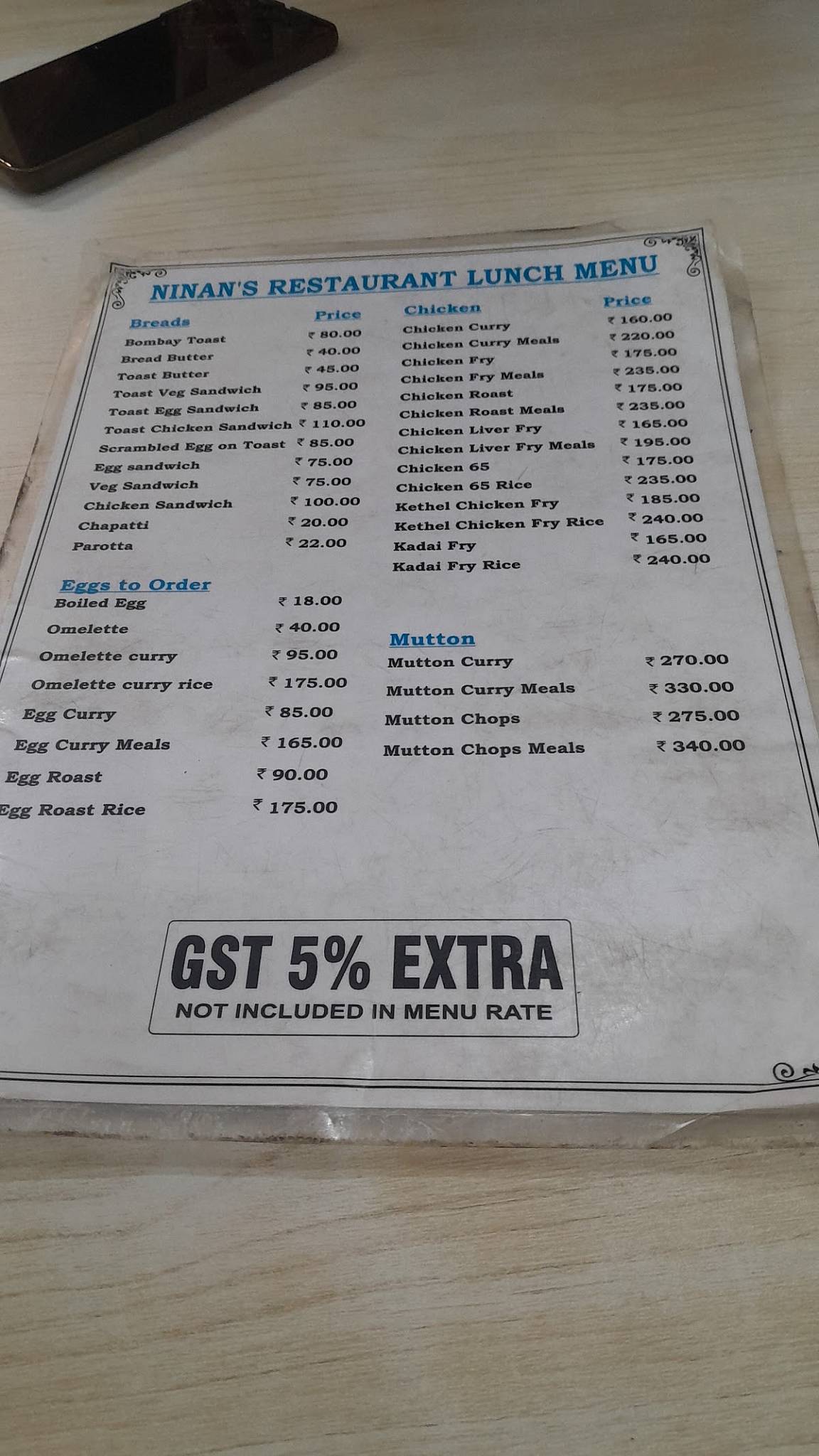 Ninan's Restaurant menu