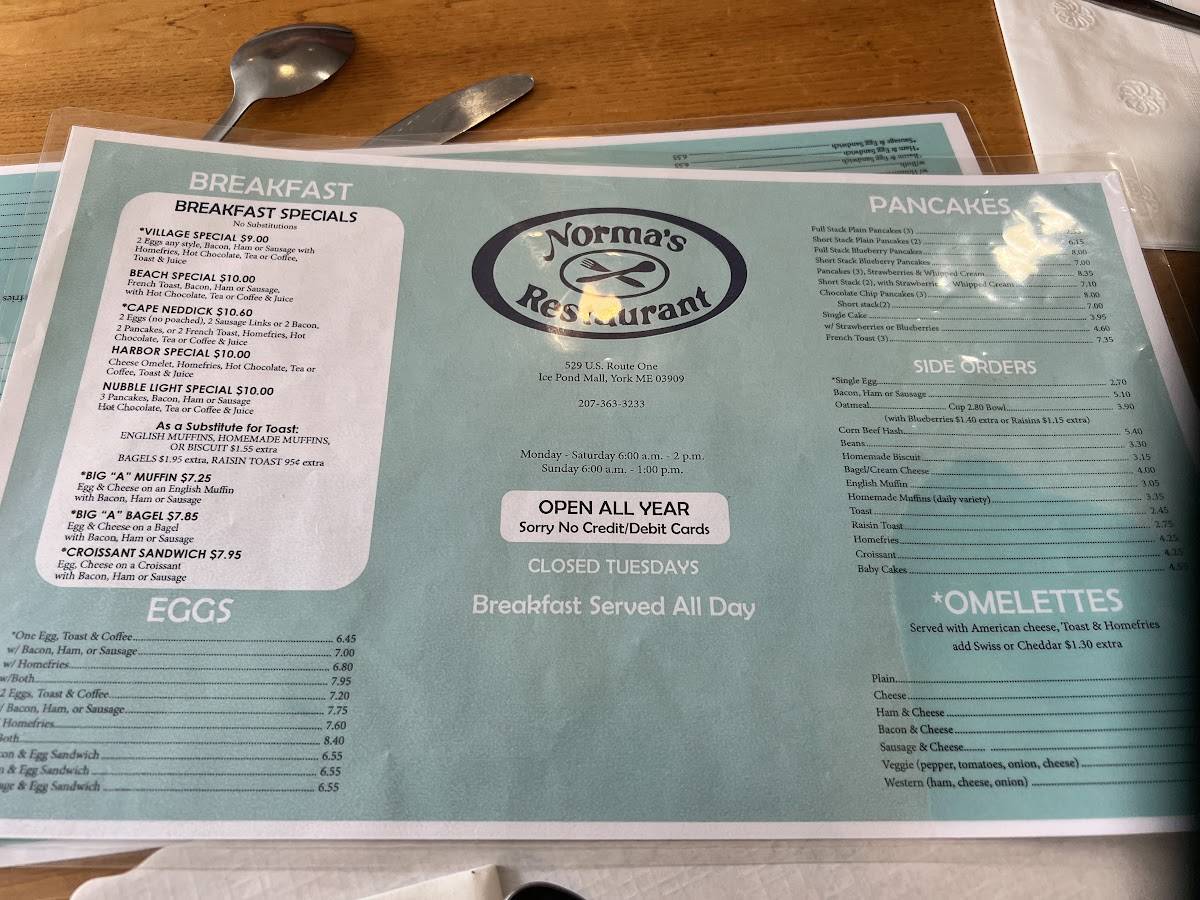 Menu at Norma's Restaurant, York