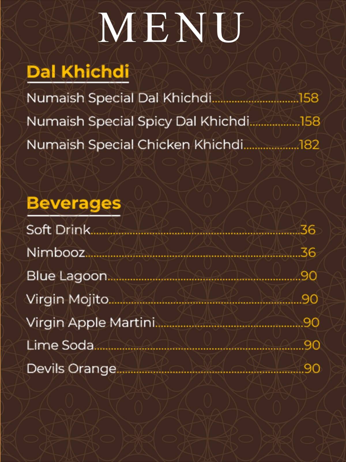 Numaish Biryani menu