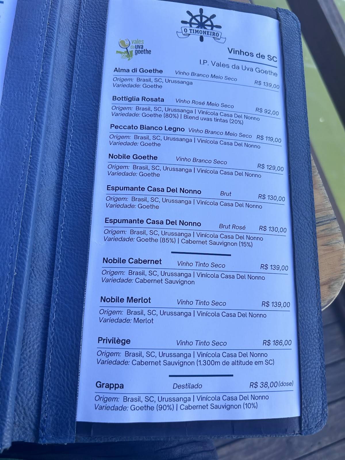 O Timoneiro cardápio