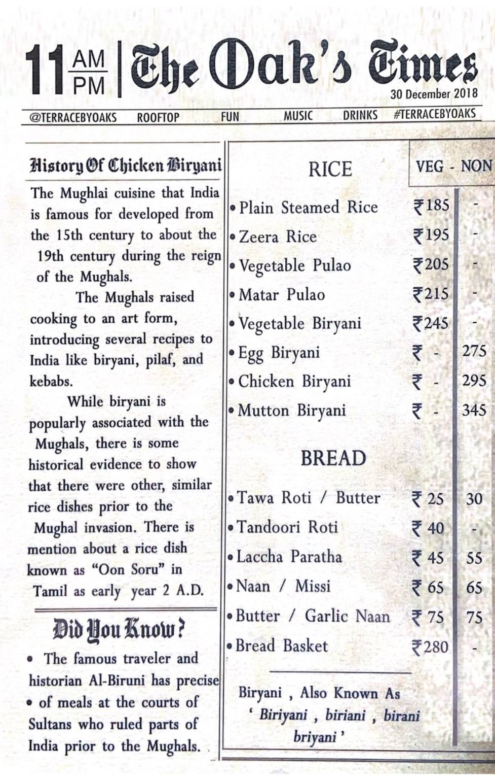 OAKSLAND menu