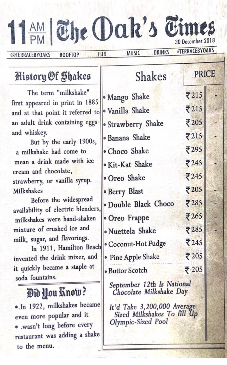 OAKSLAND menu