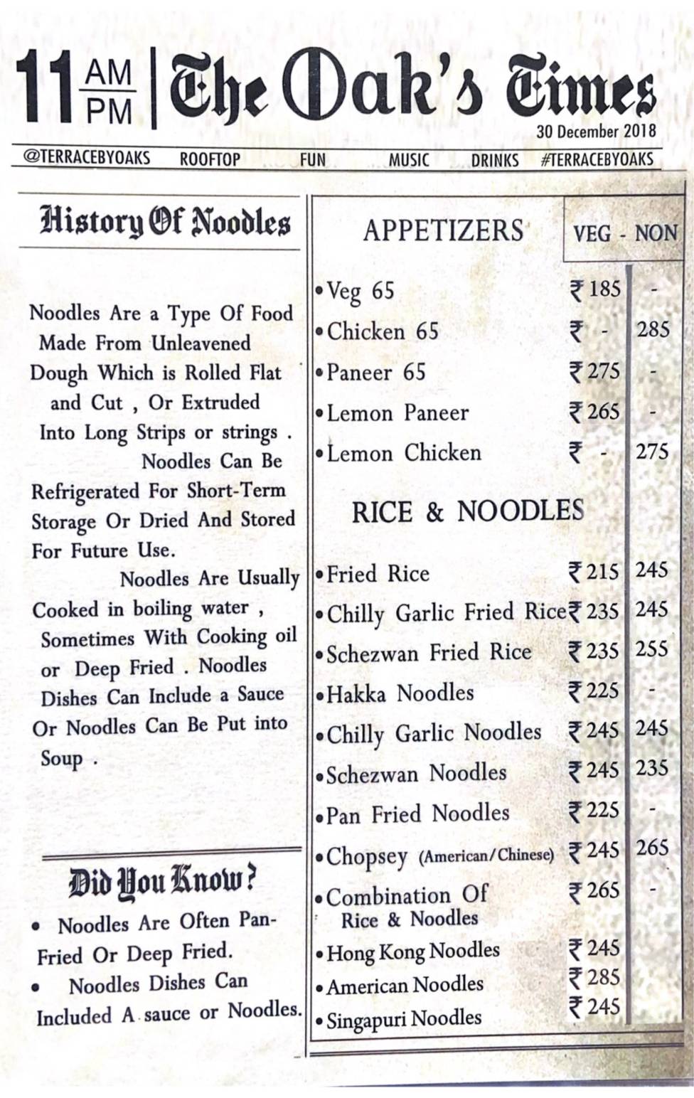 OAKSLAND menu