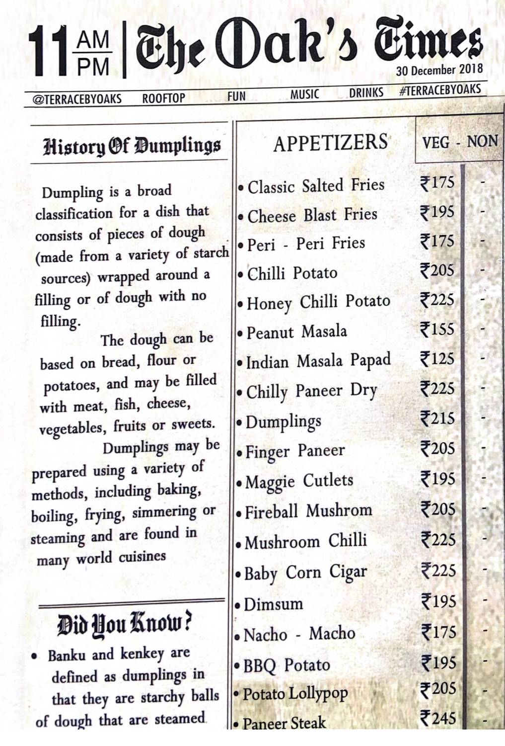 OAKSLAND menu
