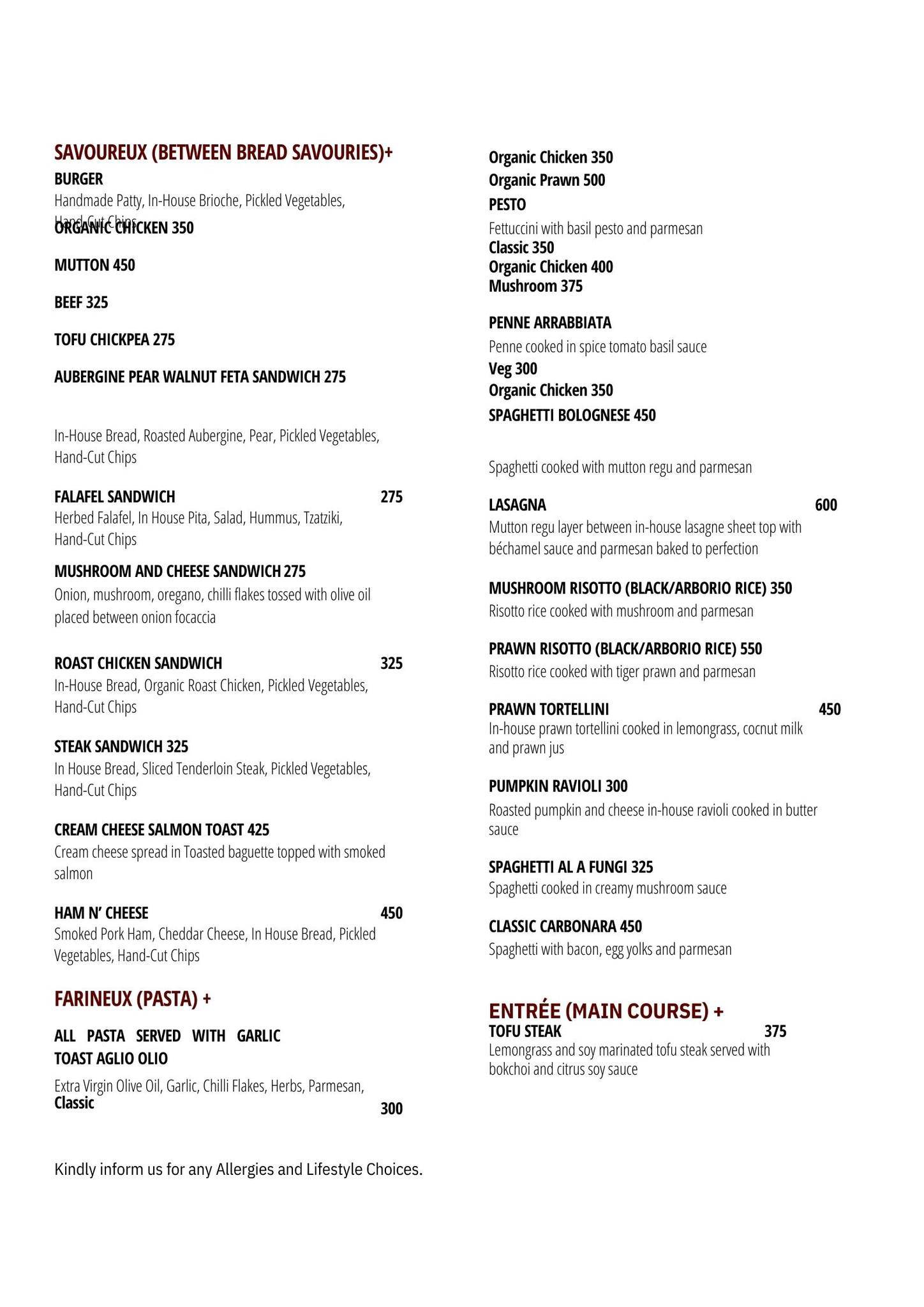OMO Bistro menu