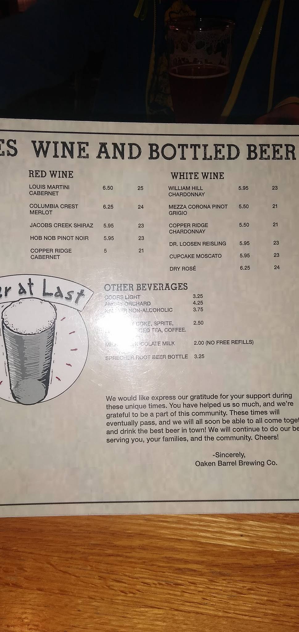 Menu at Oaken Barrel Brewing Company, Greenwood