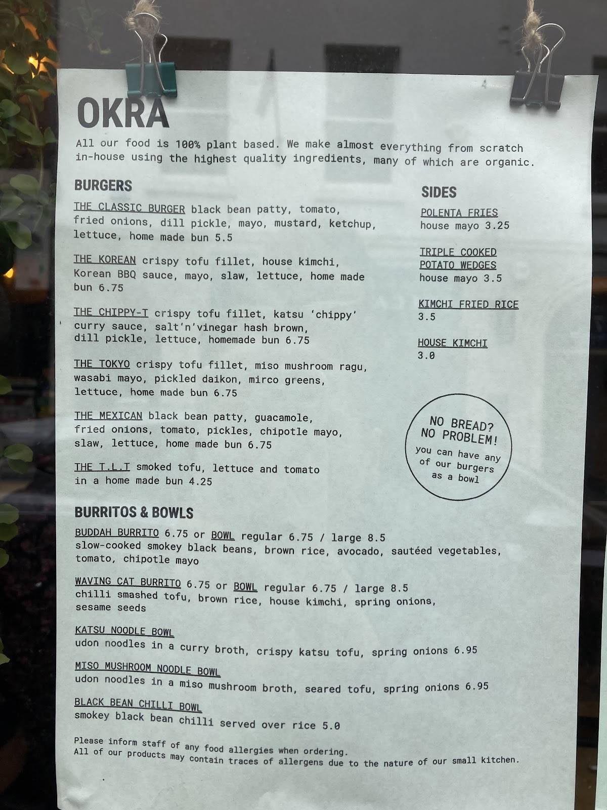 Menu at Okra restaurant, Shrewsbury