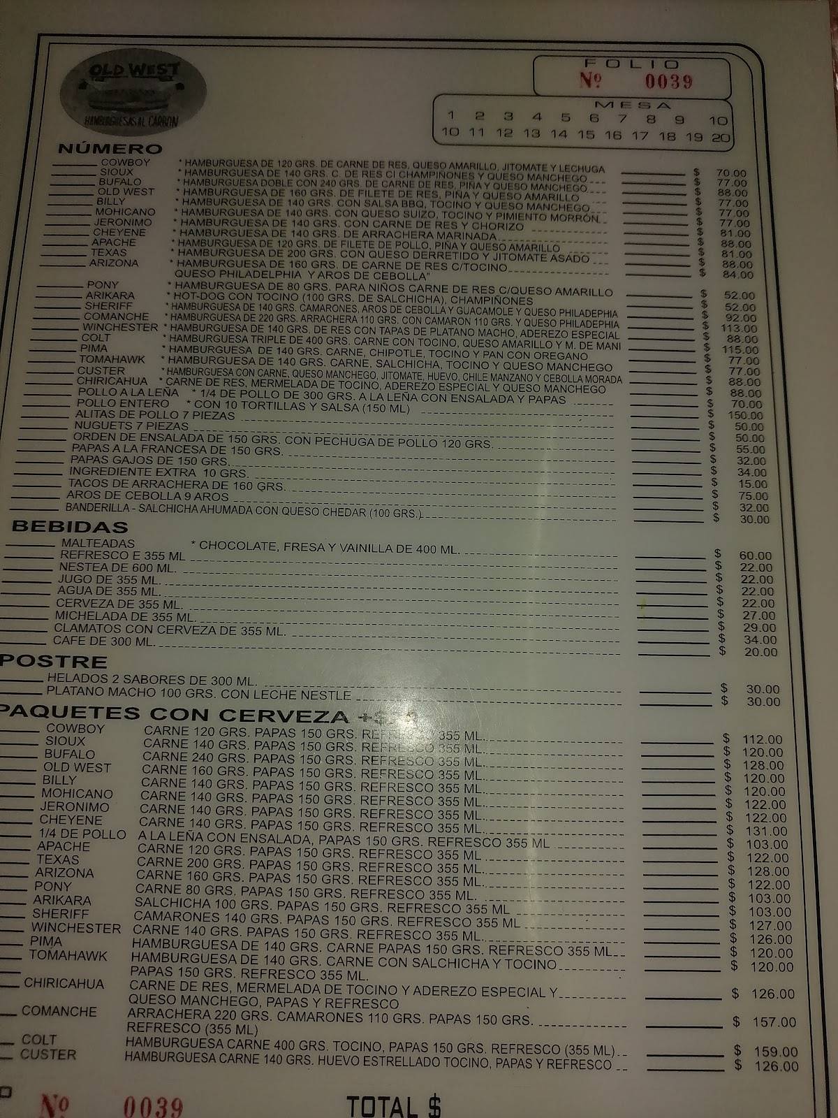 Carta del restaurante Old West, Toluca del Lerdo, Calle Gral