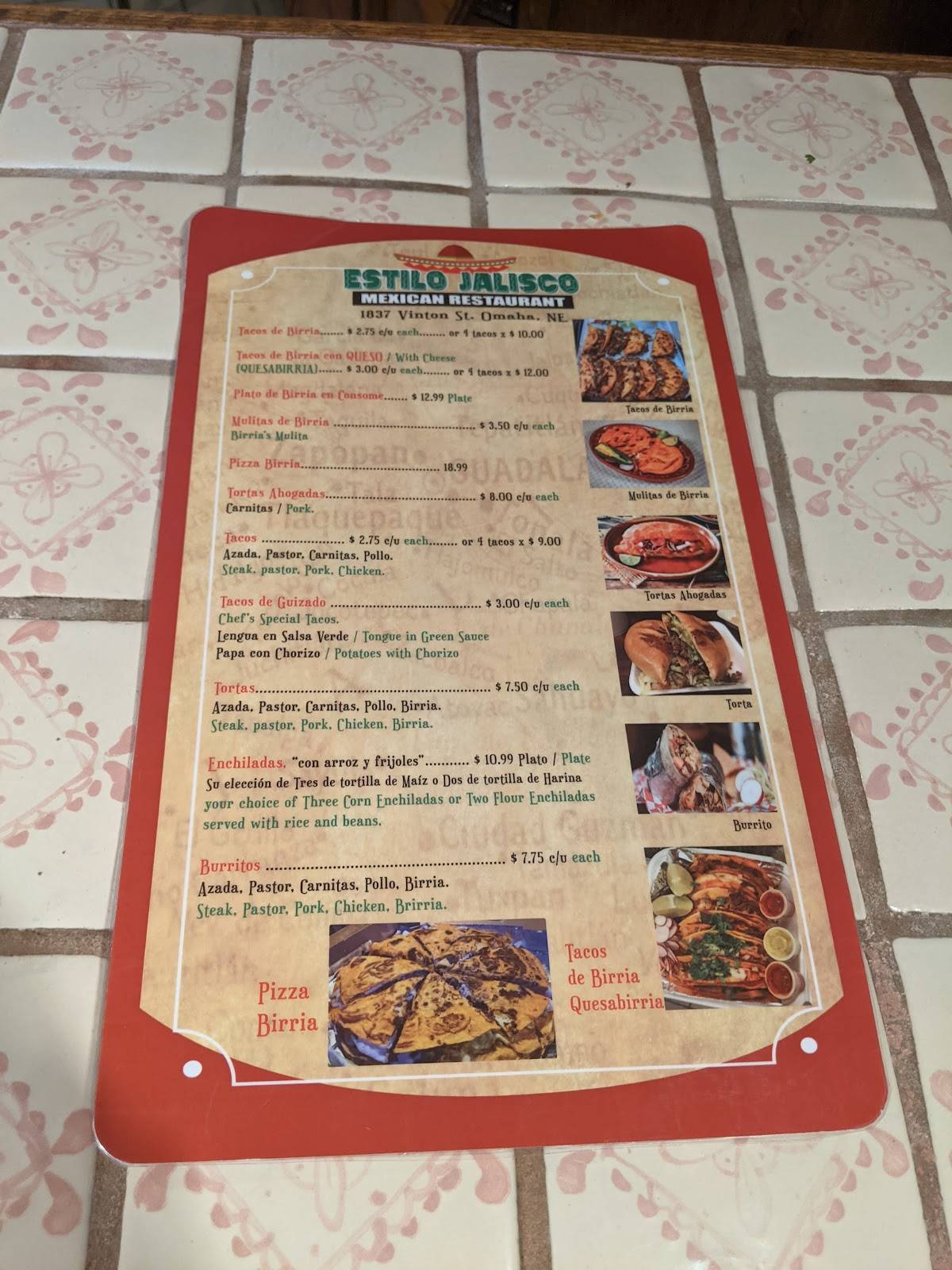 Menu at Estilo Jalisco Mexican Restaurant, Omaha