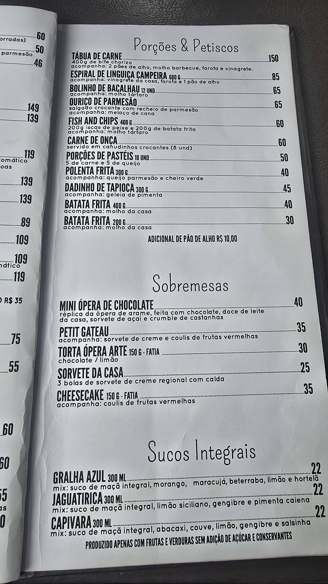 Ópera Arte cardápio