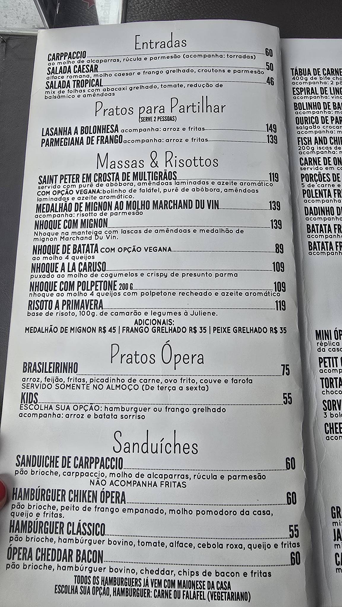 Ópera Arte cardápio