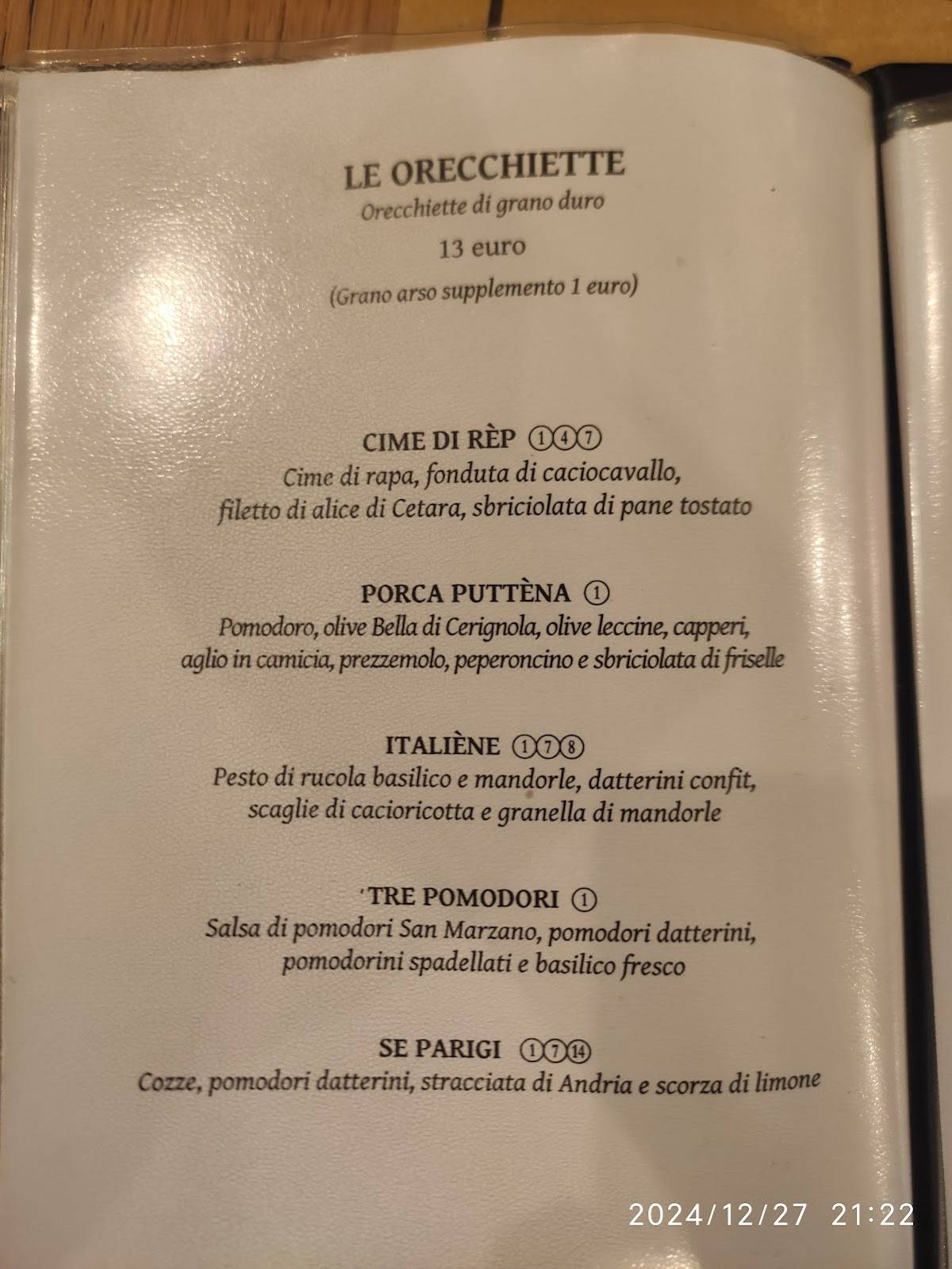 Menu di Orecchietteria Banfi 