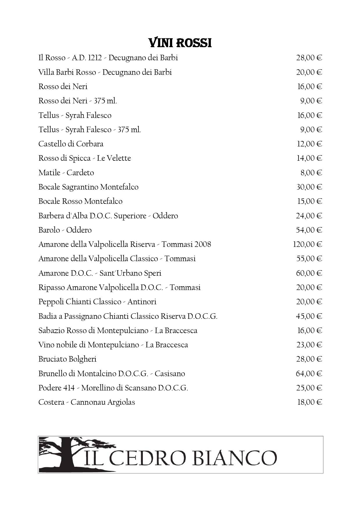 Menu di Il Cedro Bianco Ristorante Pizzeria 