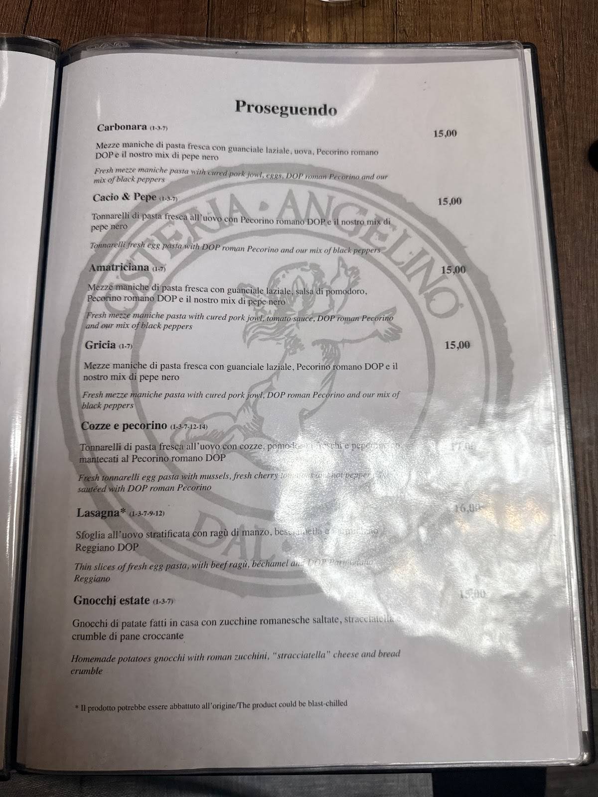 Menu di Osteria Angelino dal 1899 