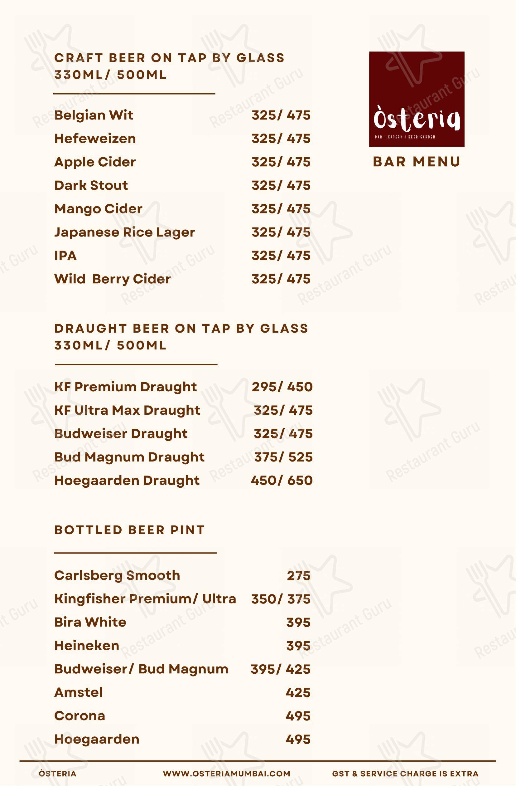 Menu bar for the Òsteria restaurant