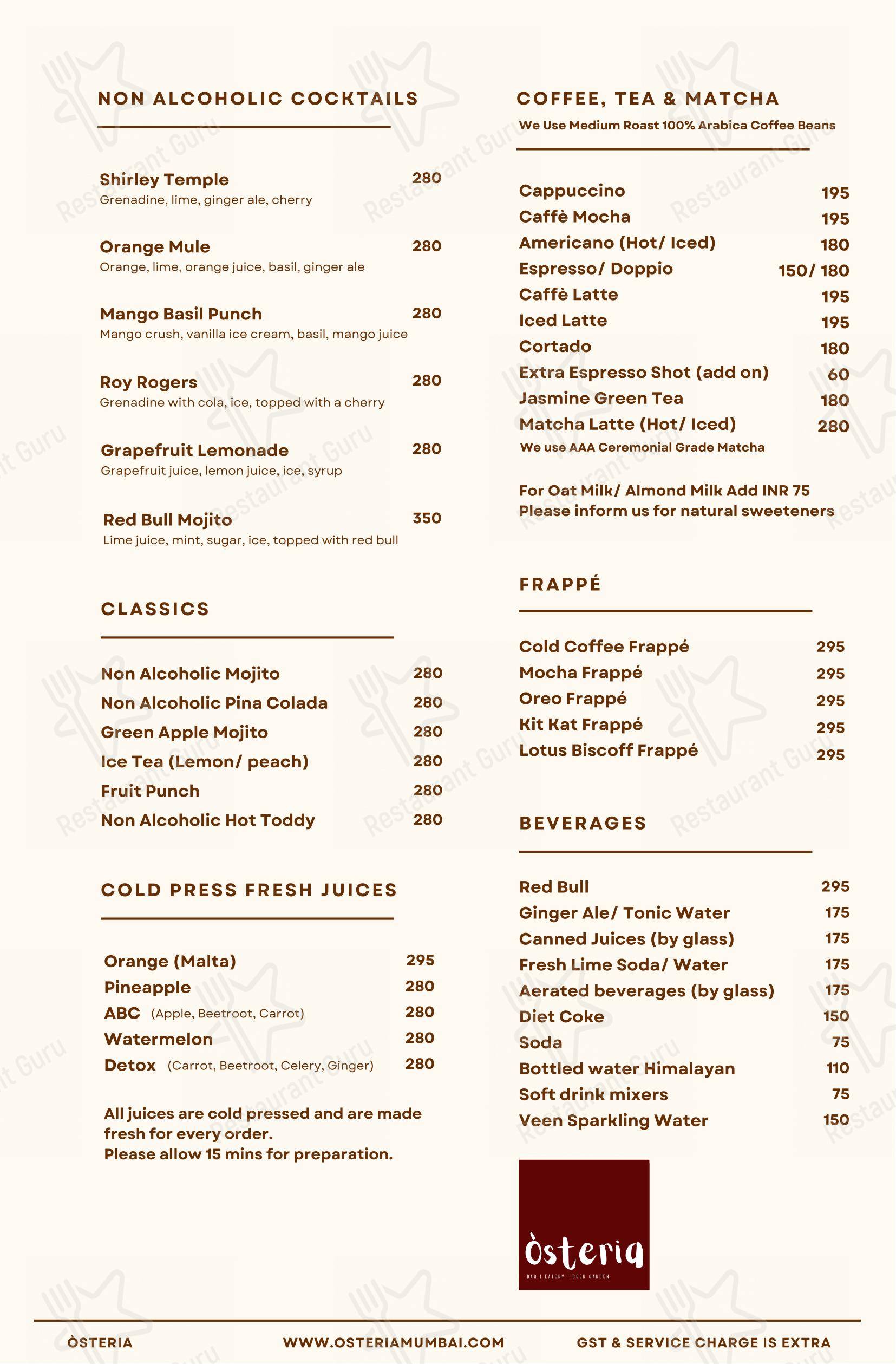 Òsteria in Mumbai - Menu bar