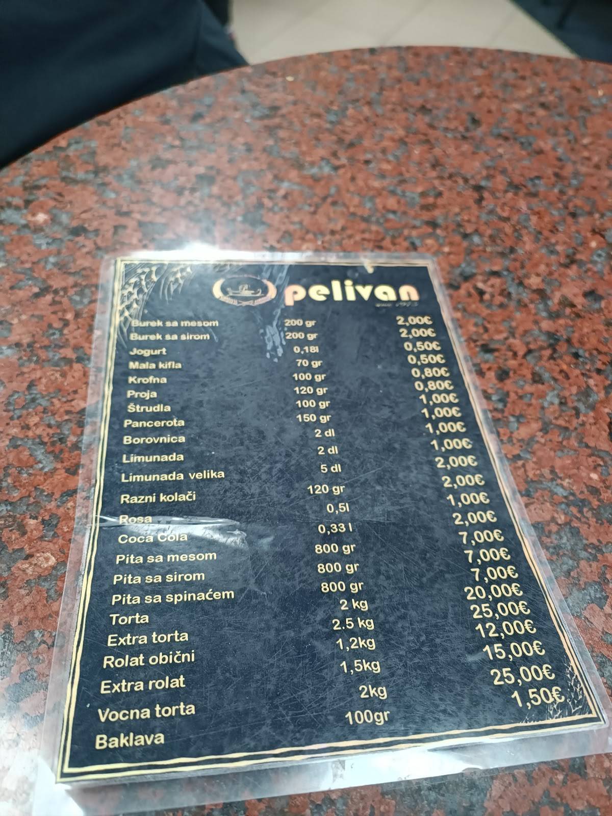 Menu de PELIVAN Burek- Pasticceria