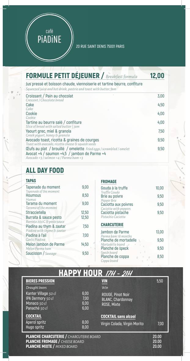 Menu de Café PIADiNE