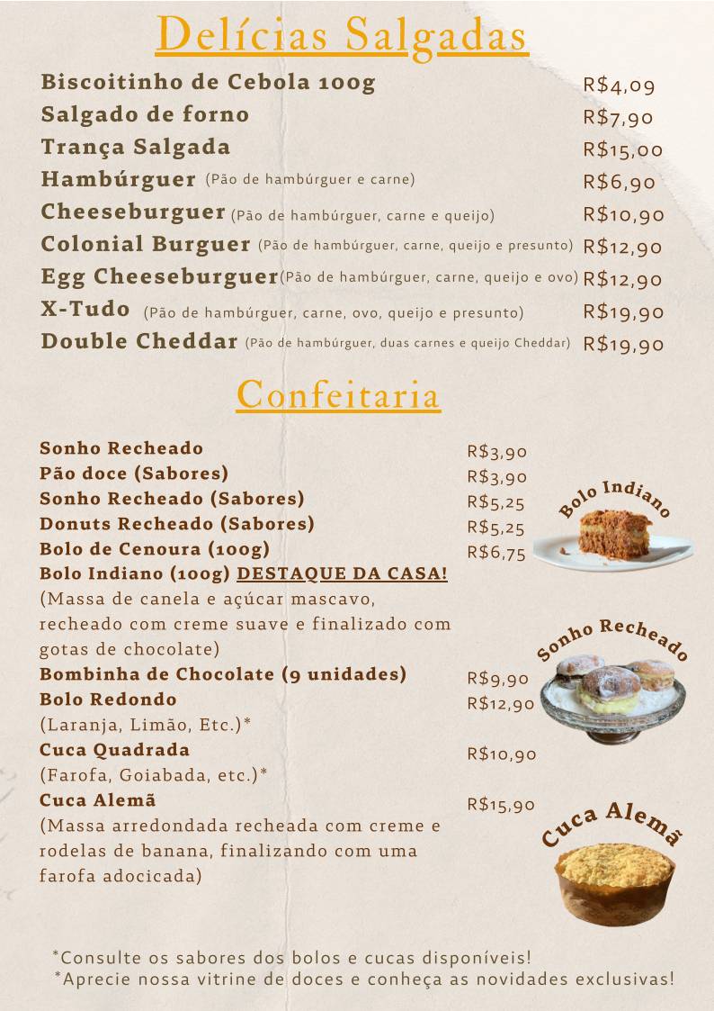 Padaria Colonial em Petrópolis cardápio