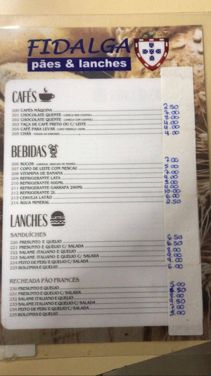 Padaria Fidalga cardápio