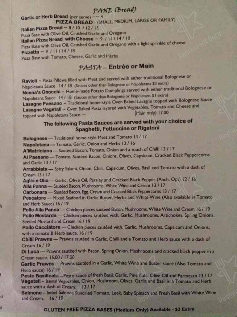 Menu at Paesano Pizza & Pasta pizzeria, West Hobart, 108 Lansdowne Cres