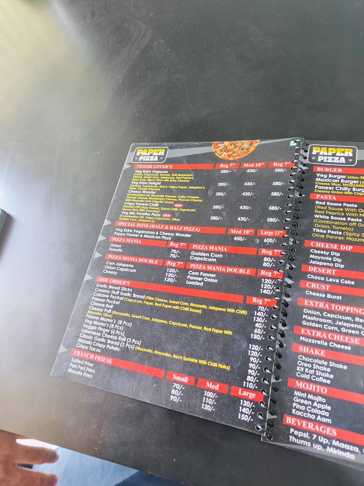 Paper Pizza menu
