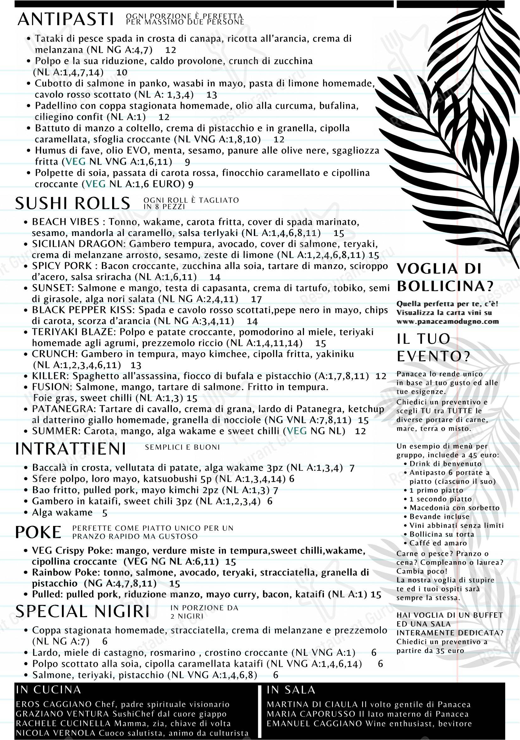 Menu per Panacea Ristorante ristorante