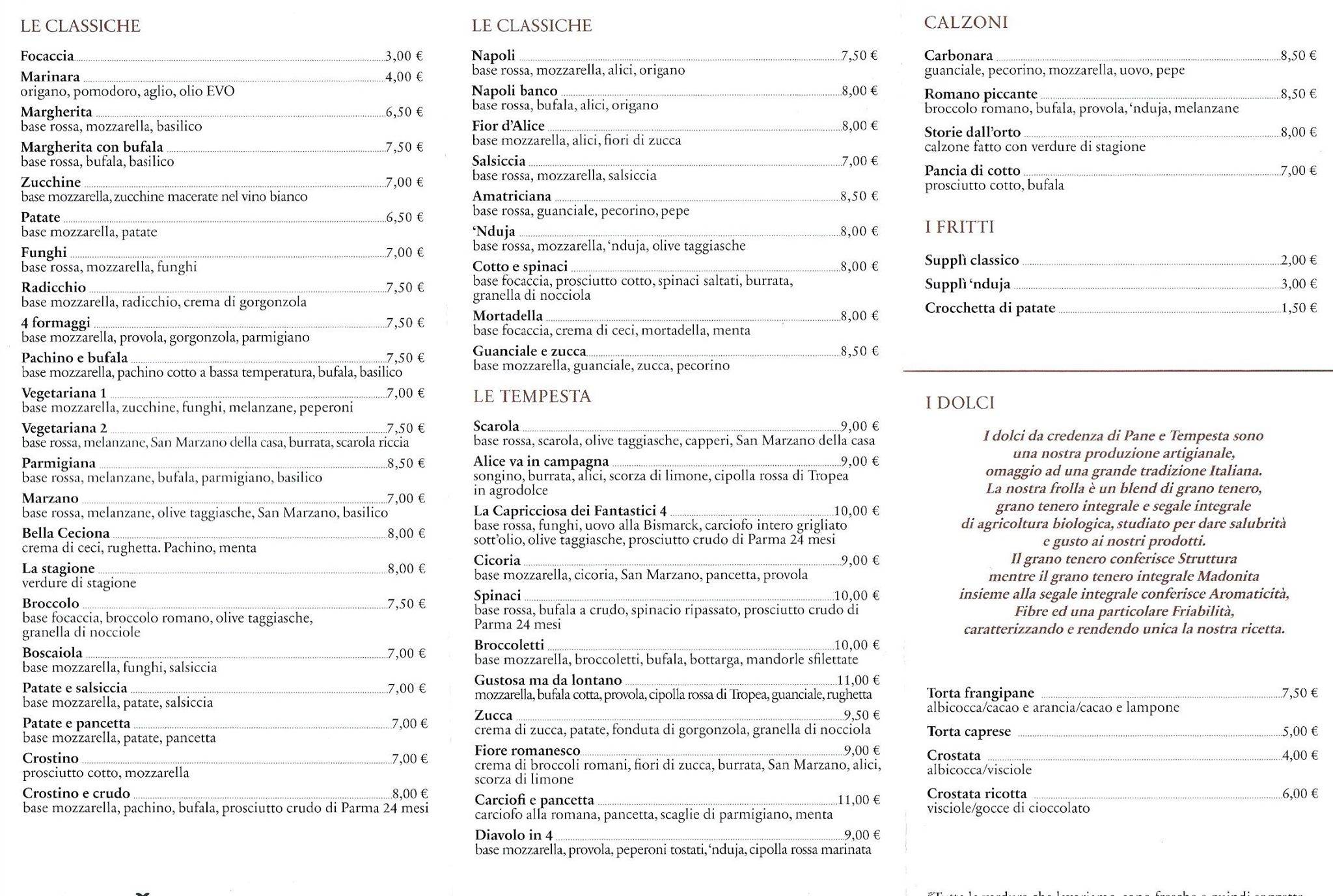 Menu di Pane e Tempesta 