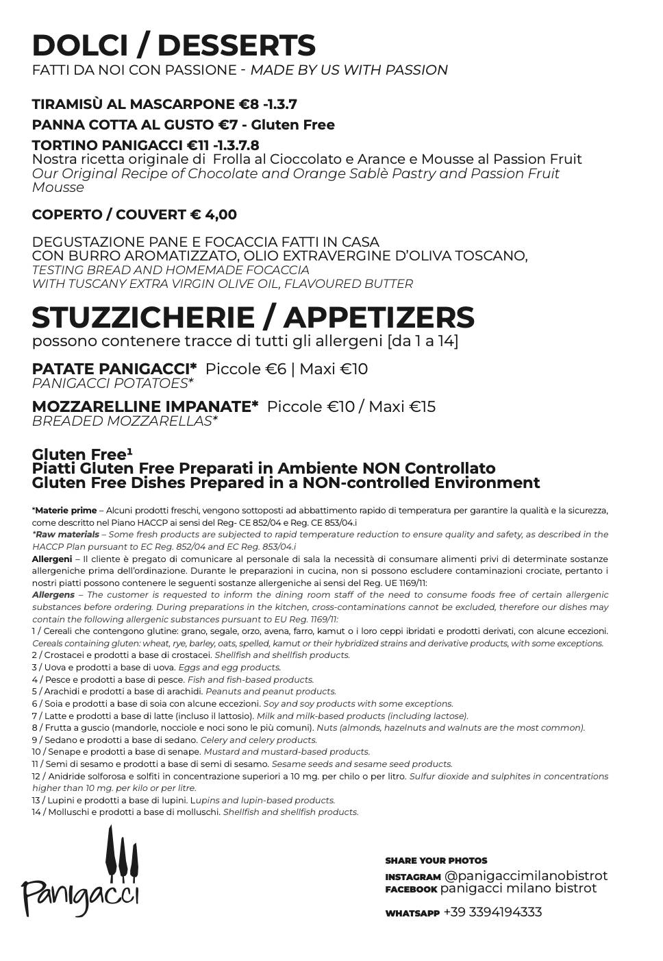 Menu di Panigacci Milano Bistrot 