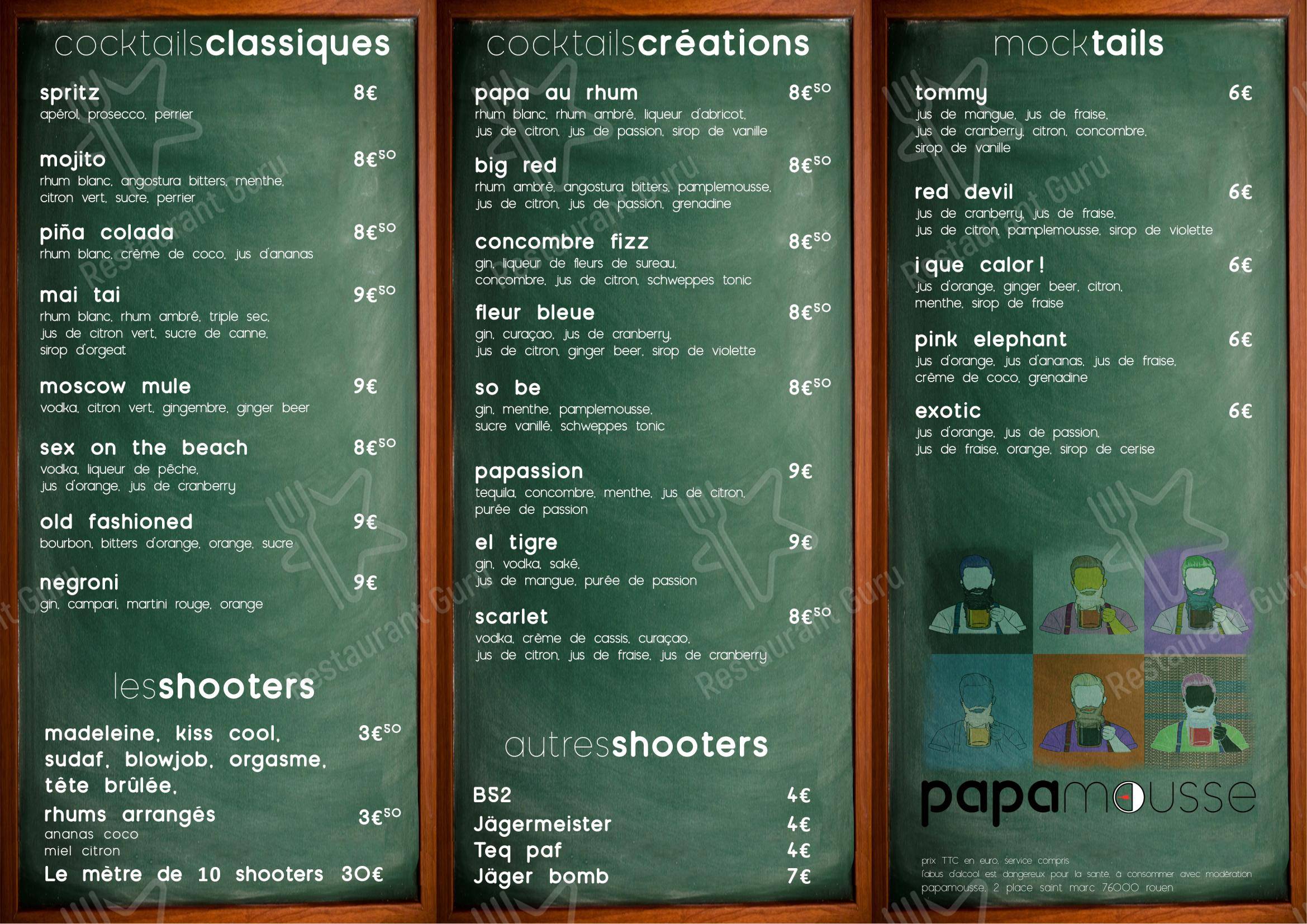 Menu pour Papa mousse pub et bar
