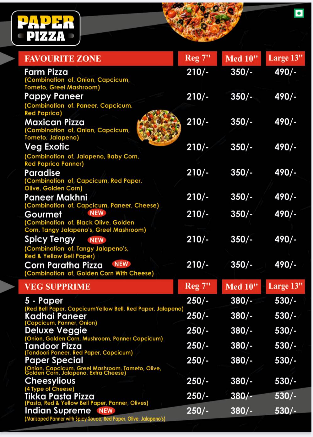 Paper Pizza menu