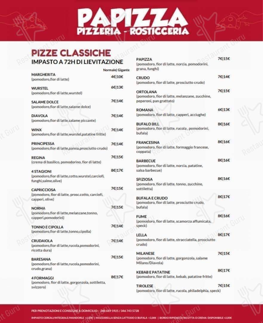 Menu pour Papizza - repas et boissons